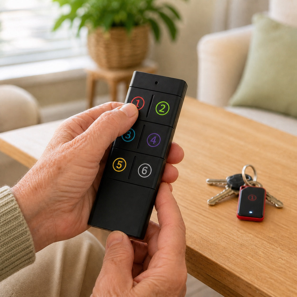 Older adult pressing the matching numbered button on the KeepClose remote
