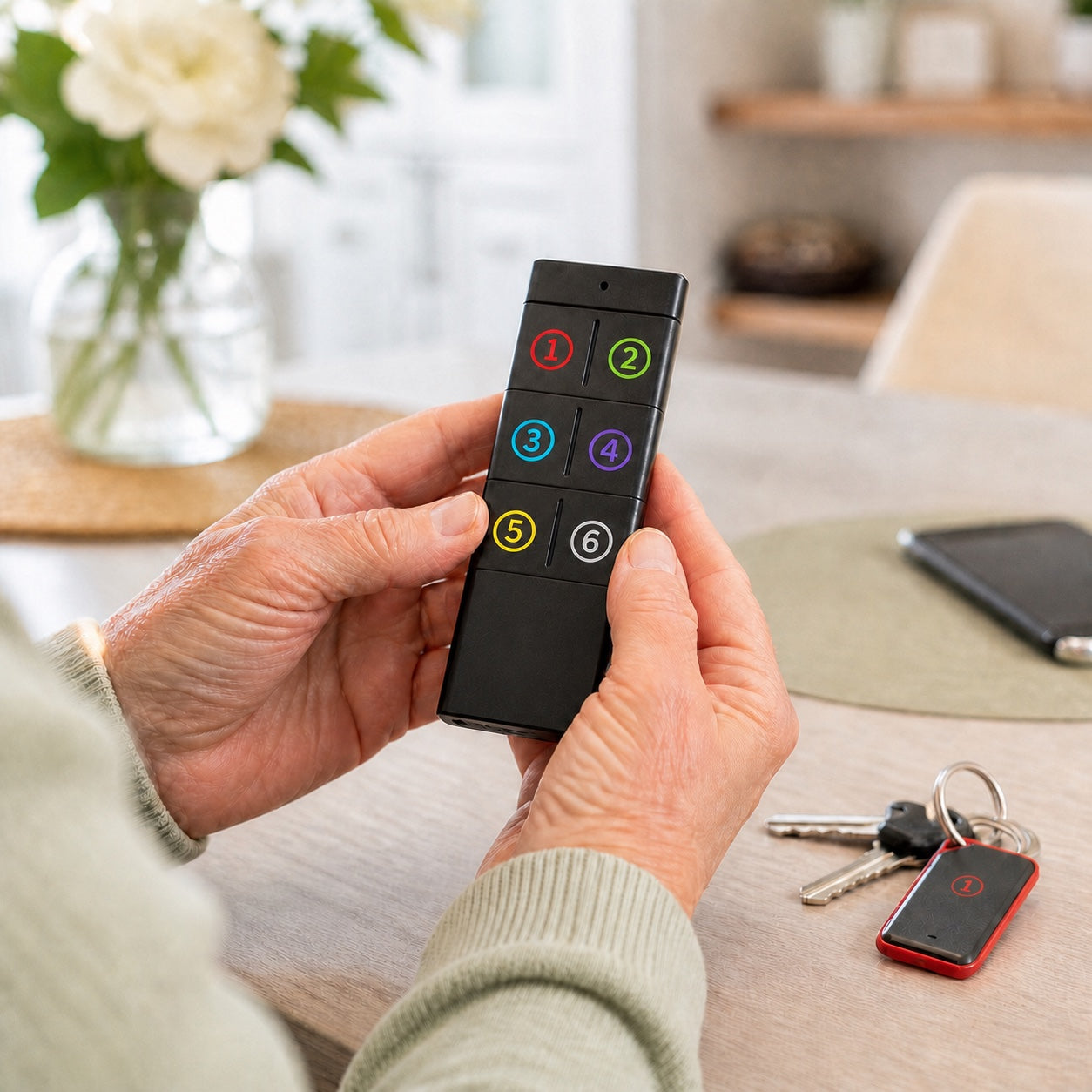 Older hands using the numbered KeepClose remote beside keys without a phone app