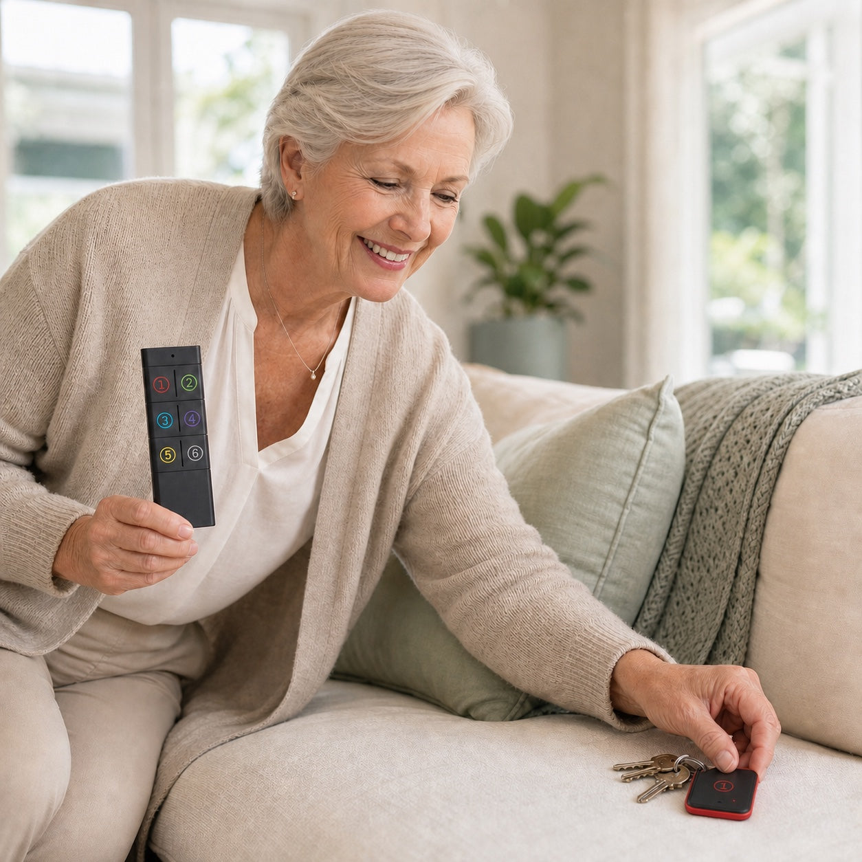 Older woman finding her keys on a sofa after using the KeepClose remote