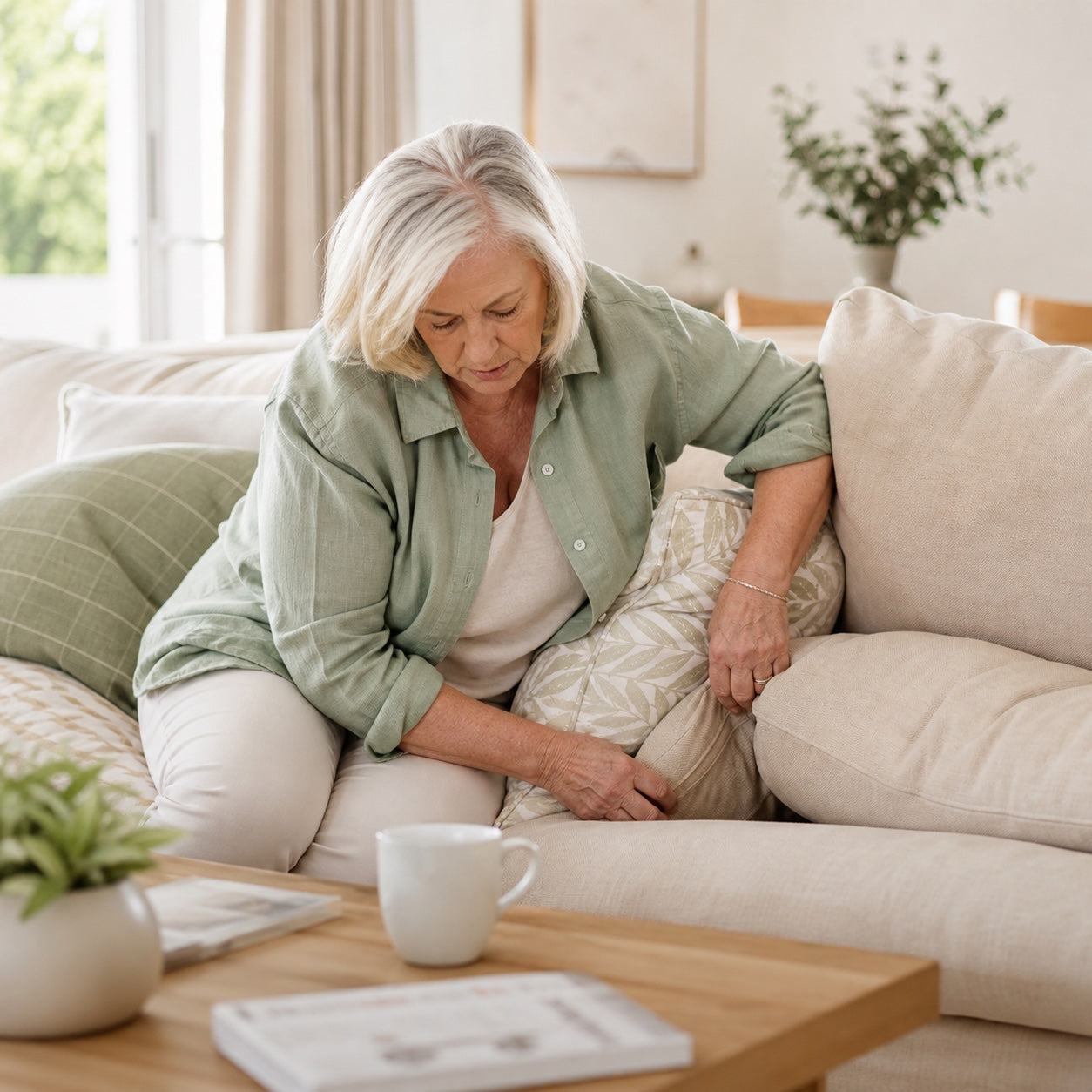 Older Australian woman searching between sofa cushions for misplaced keys