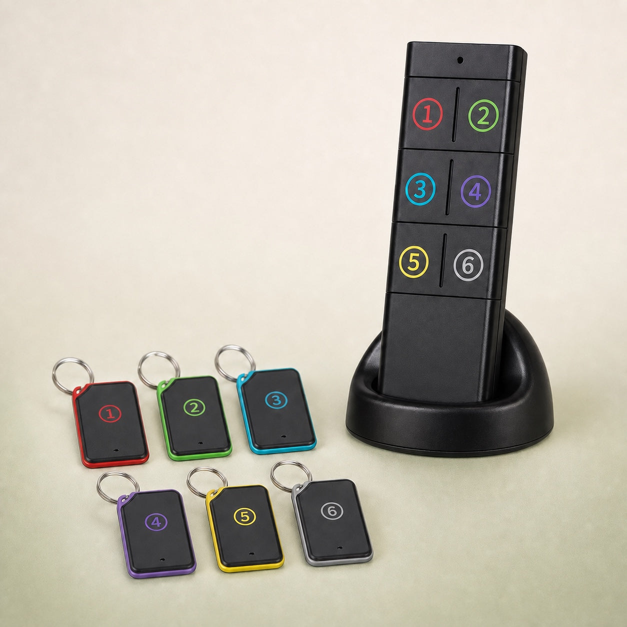KeepClose remote and six colour-coded receiver tags
