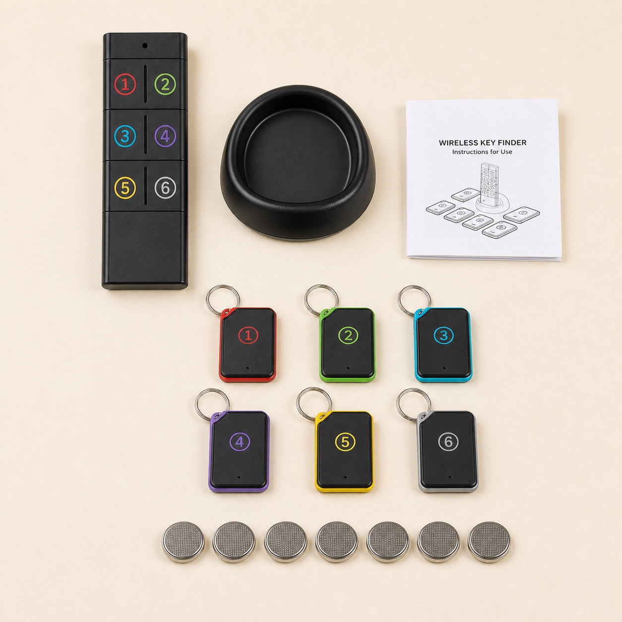 Complete KeepClose set with a flat remote, empty low cradle, six colour-coded receivers, seven batteries and instruction guide