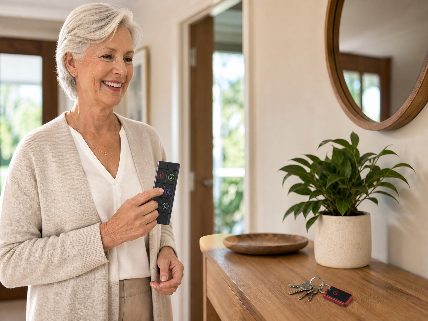 Older Australian woman using the KeepClose remote beside keys fitted with a matching receiver