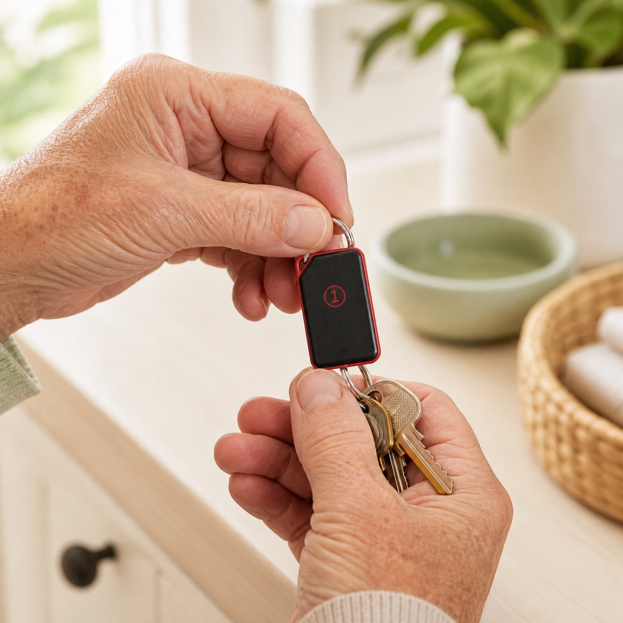Older hands attaching the red number one KeepClose receiver to a set of keys